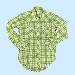 Vintage B-E Western Wear Pearl Snap Bright Green Plaid Cowboy Shirt Est Small